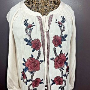 Blu Pepper Peasant BohoTie Top Floral Embroidery